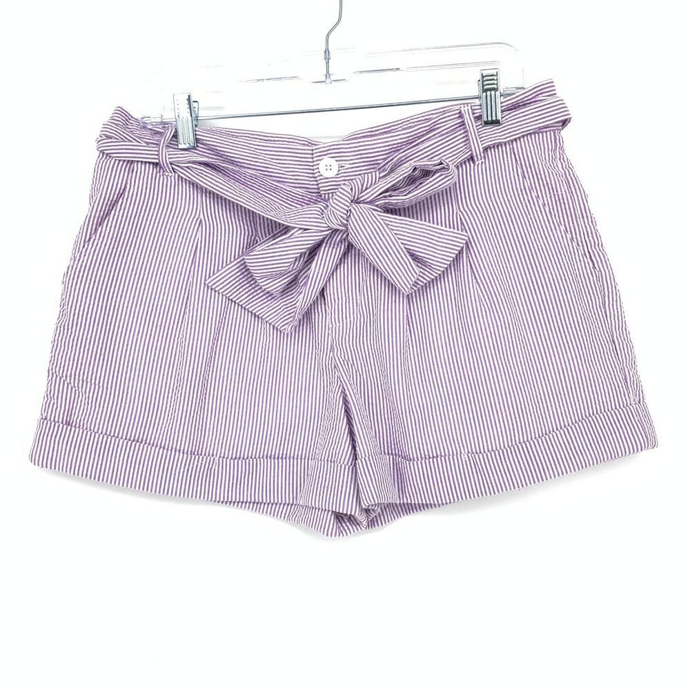 Lauren James Co Bow Shorts Womens Size Medium Purple White Seersucker Tie Waist